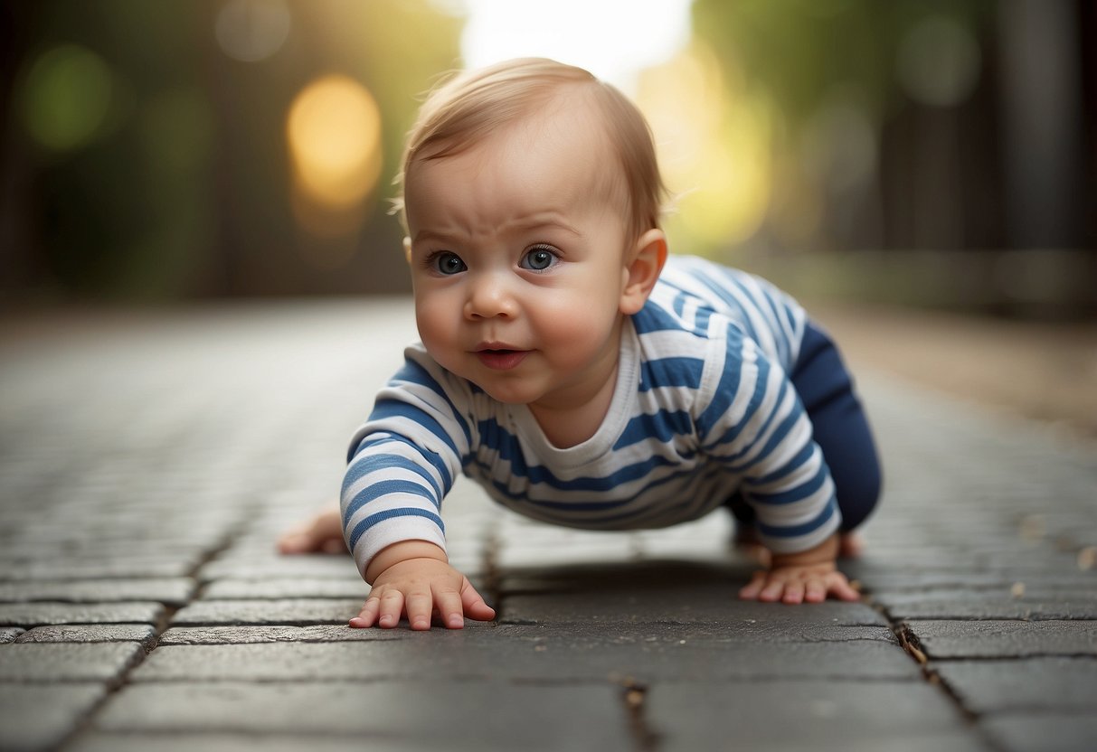 A baby is on all fours, reaching forward with one arm while pushing off with the opposite leg, practicing crawling variations and motor skills development