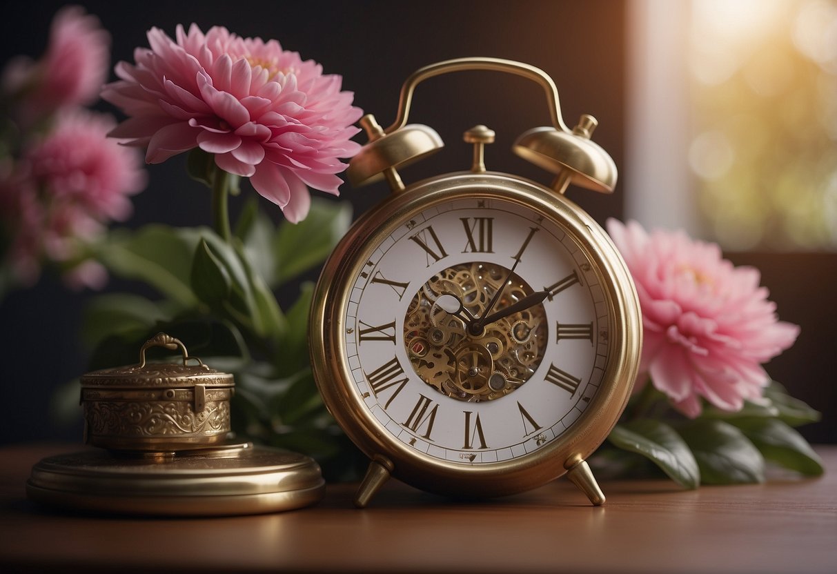A blooming flower surrounded by a clock showing 23, symbolizing fertility and age