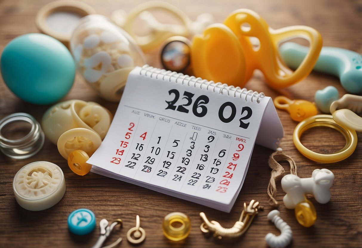 A calendar with the number "25" circled, surrounded by baby-related items like a pacifier, baby bottle, and diaper