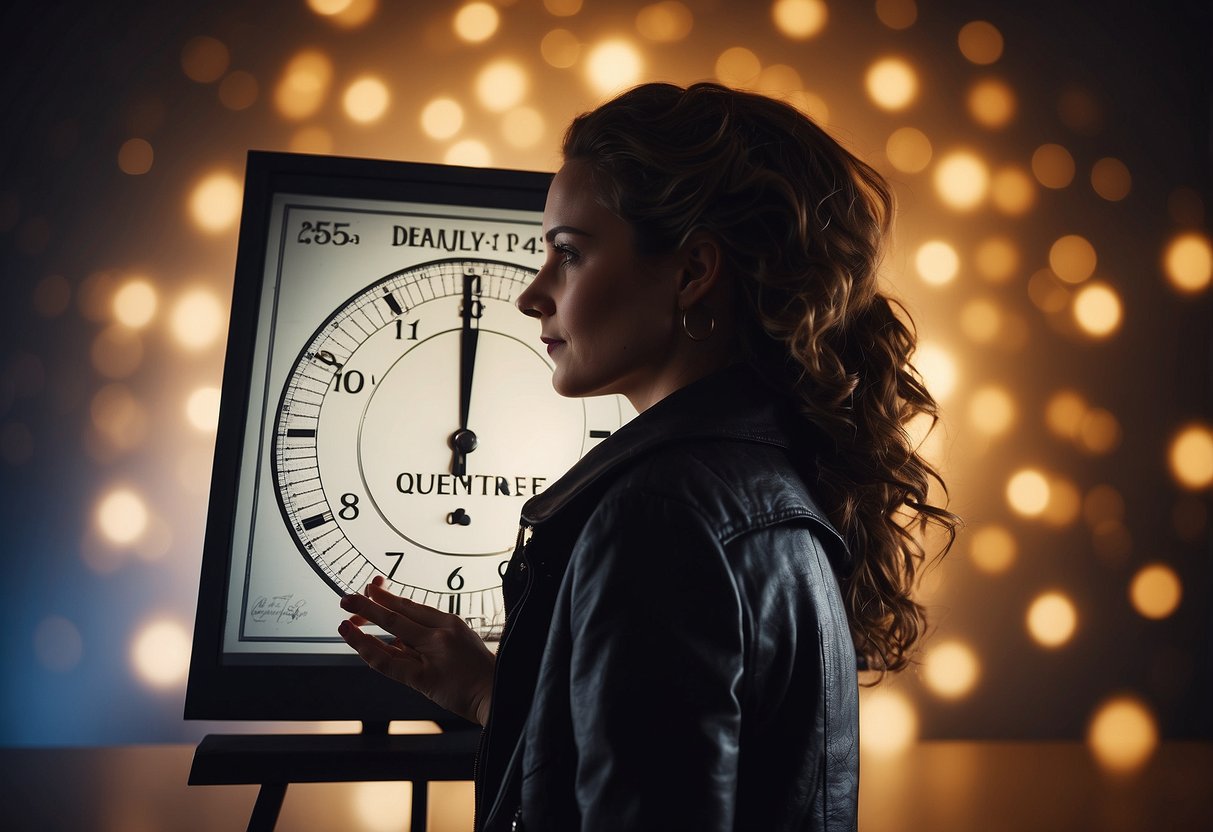 A woman's silhouette stands beside a calendar, with a question mark hovering over the number 25. A fertility chart and a clock are also present, symbolizing the intersection of age and fertility