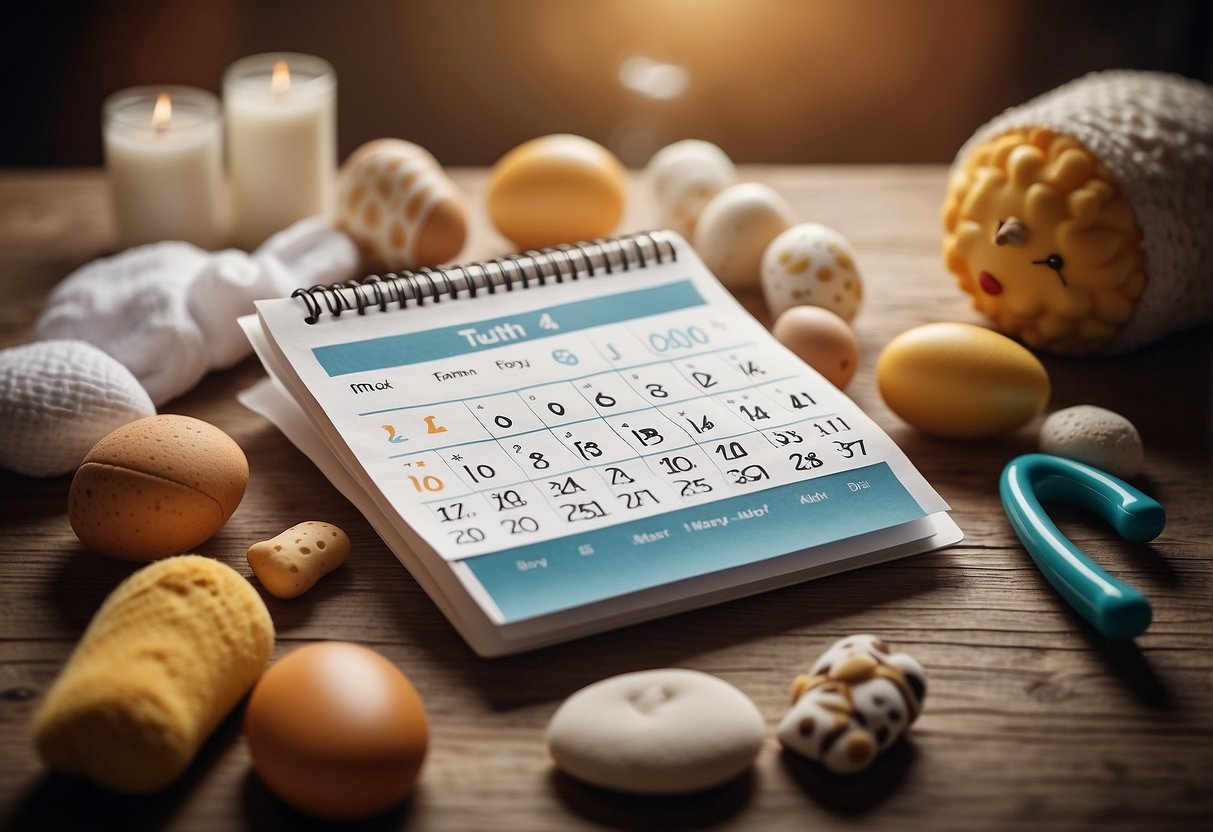 A calendar with the number 25 circled, baby items like a crib, toys, and diapers, a checklist of readiness factors, and lifestyle indicators like a healthy diet and exercise