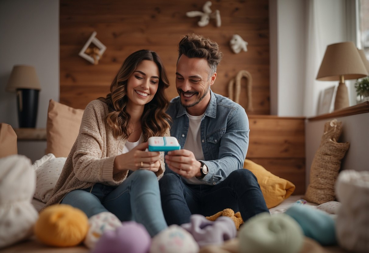 A smiling couple holds a positive pregnancy test. They are surrounded by baby clothes, toys, and a crib, indicating their excitement and readiness for parenthood