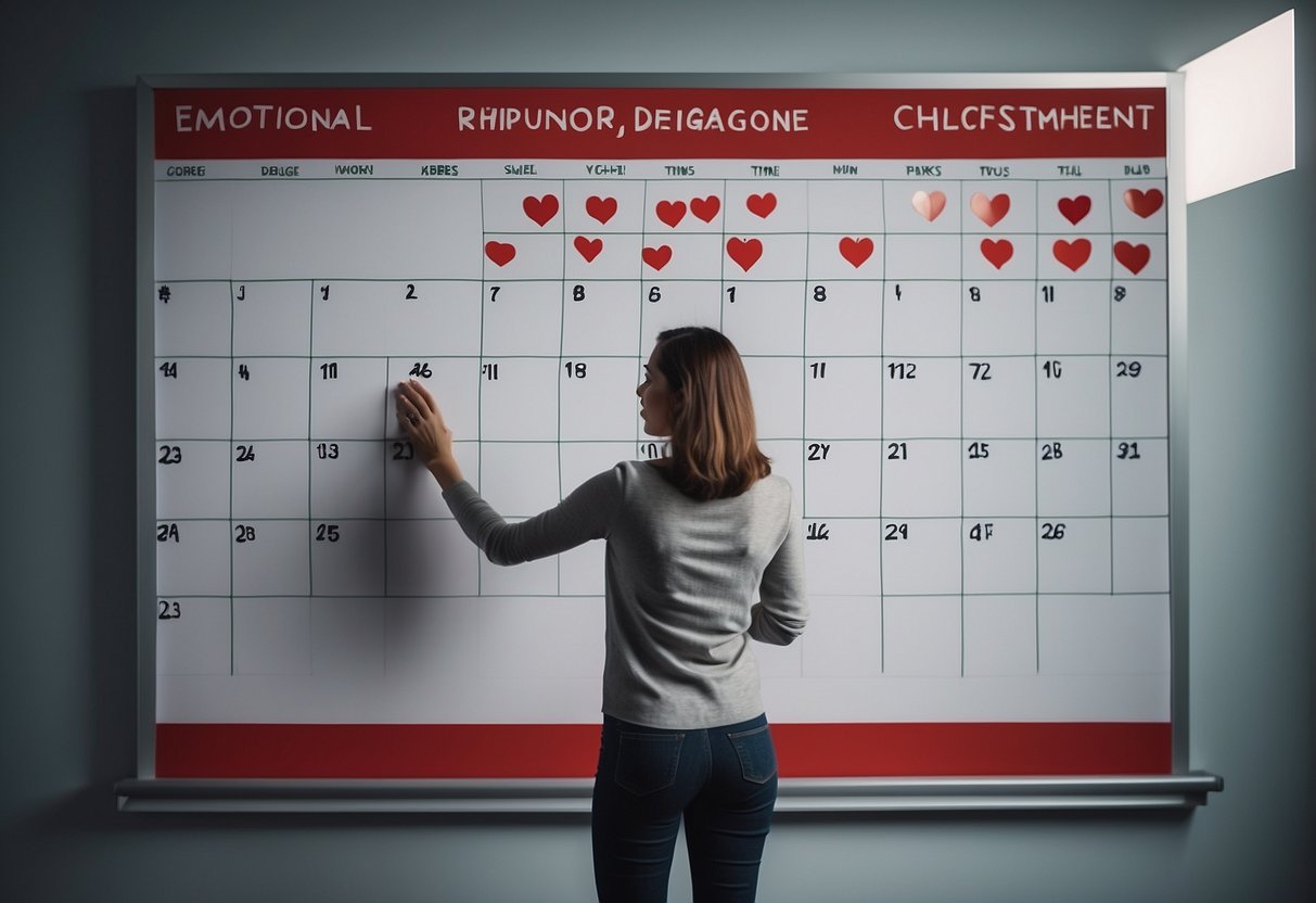 A calendar with the date circled in red, a heart-shaped checklist with items like "emotional readiness" and "time commitment," and a person standing in front of a mirror, contemplating their reflection