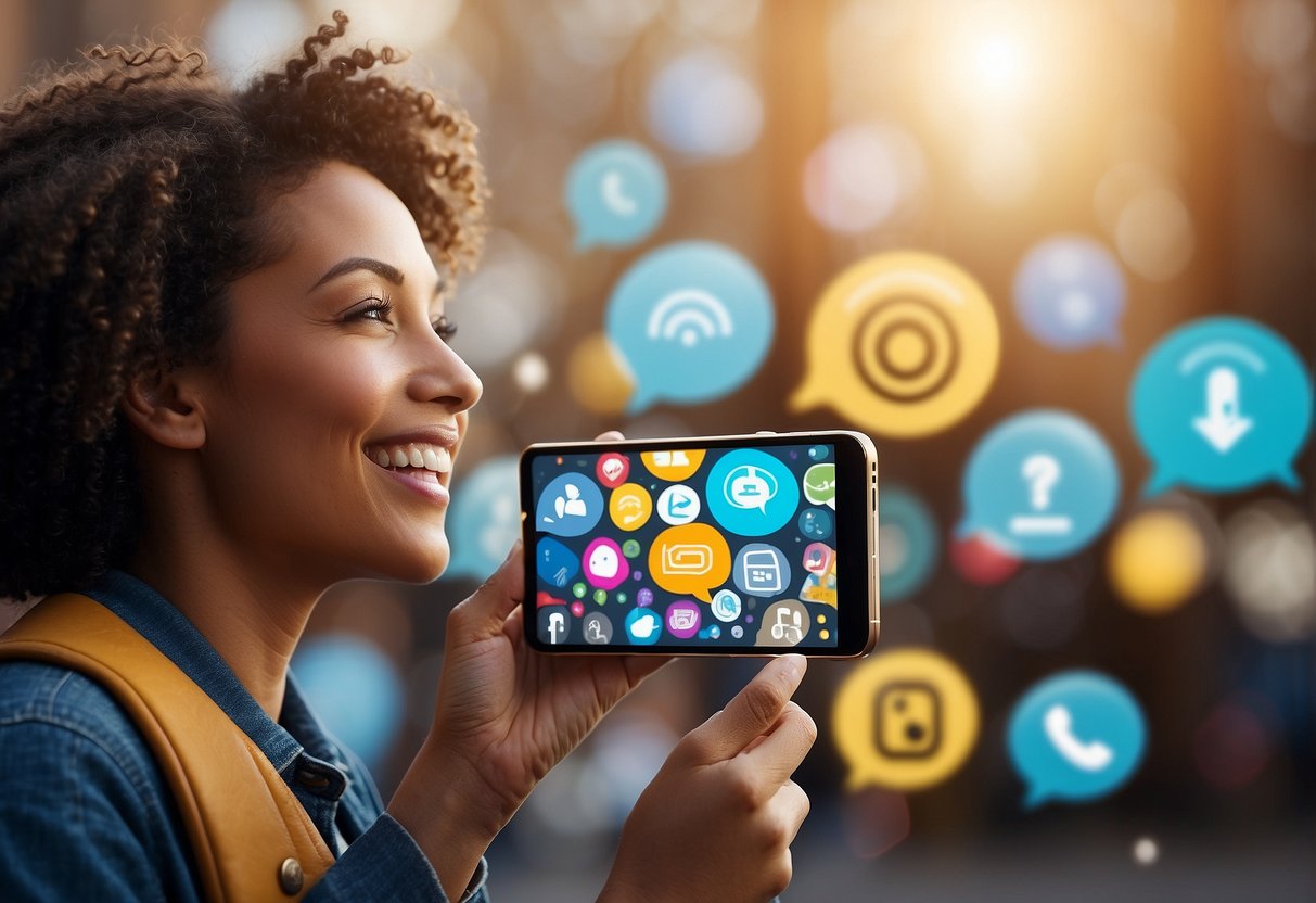 A smiling person holding a phone with a message bubble above it, surrounded by symbols of communication (speech bubbles, phone icons, etc)