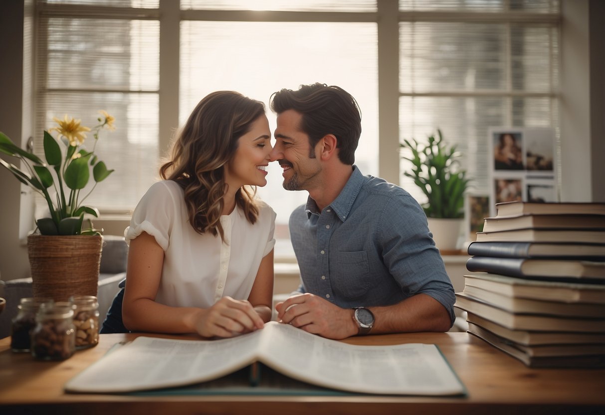 A couple discusses having a baby at different ages, surrounded by books, a calendar, and a fertility chart