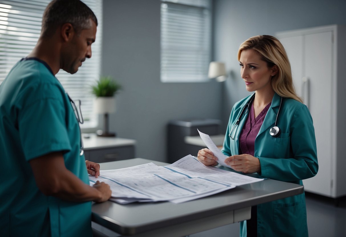 A doctor reviewing medical charts and discussing delivery and postpartum considerations with a pregnant patient