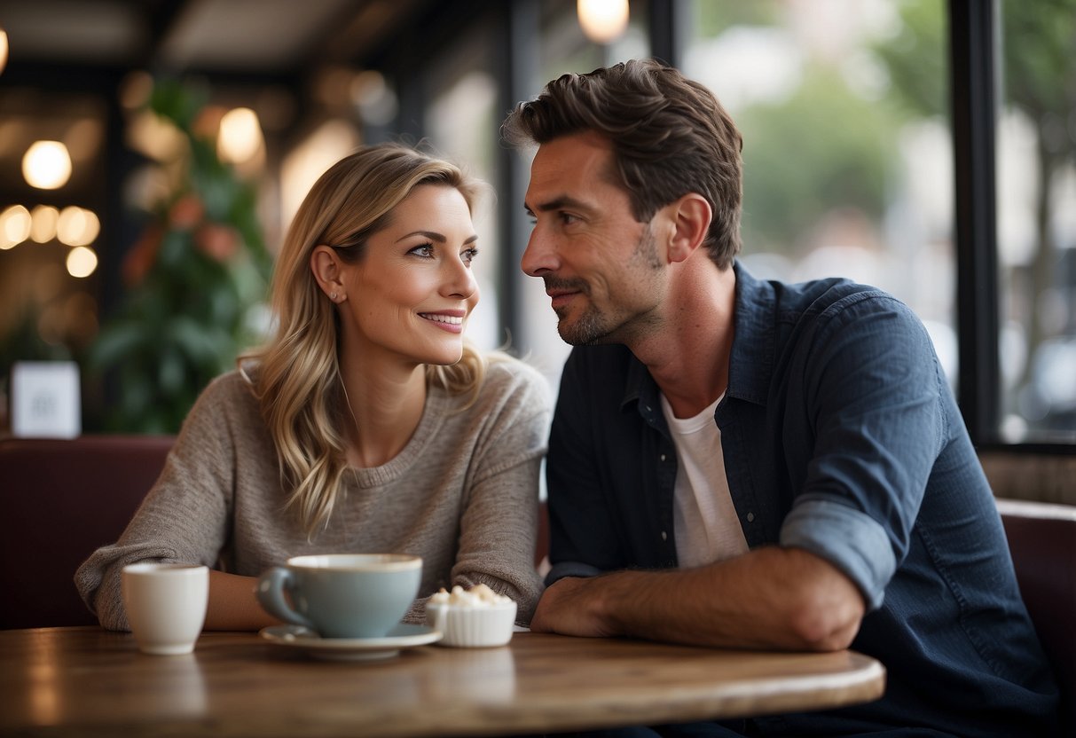 A couple sits at a cafe, one looking concerned while the other gestures reassuringly. A newspaper headline reads "Understanding Age in Romantic Relationships: Is 33 too old to find love?"