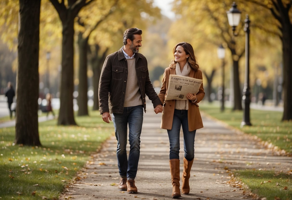 A couple walking in a park, smiling and holding hands. A newspaper headline reads "Challenges and Advantages in Mature Dating: Is 33 too old to find love?"