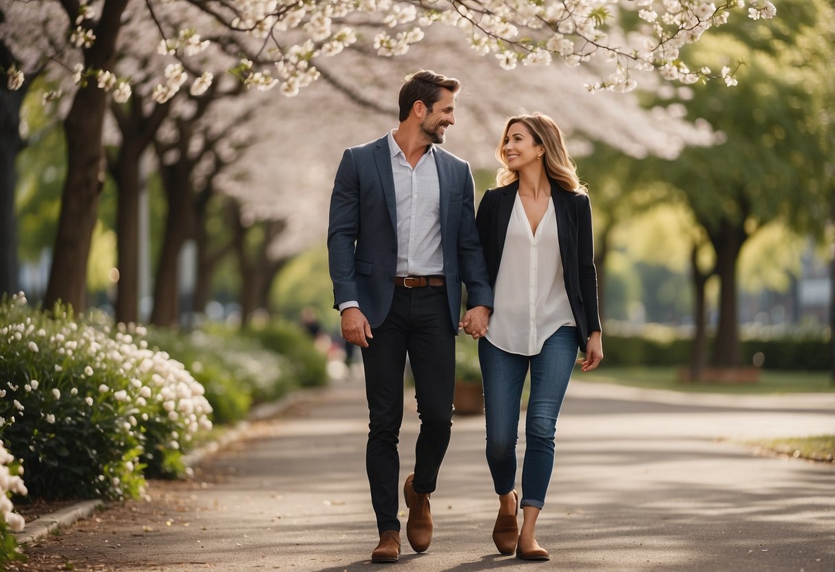 A couple in their 30s holding hands, smiling, and walking together in a peaceful park setting, surrounded by blooming flowers and trees