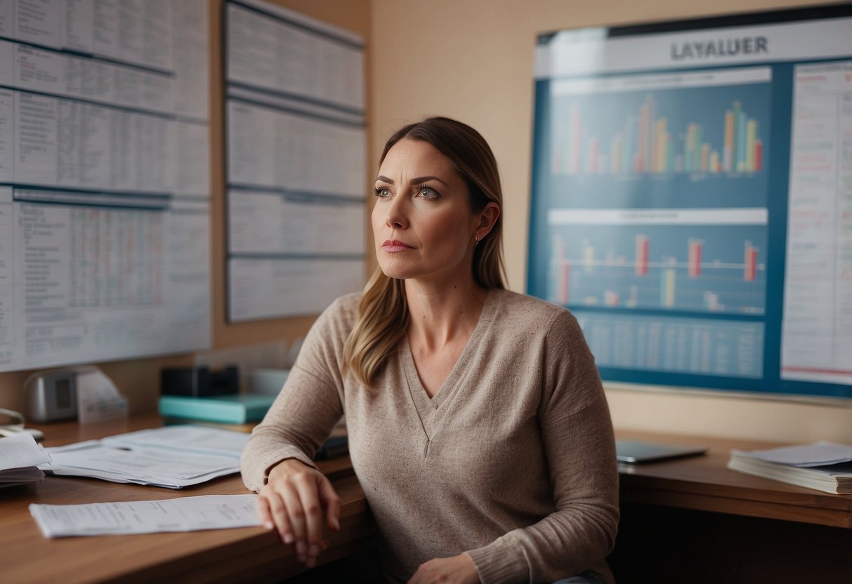 A woman in her late thirties contemplating pregnancy, surrounded by medical charts and articles on potential health risks