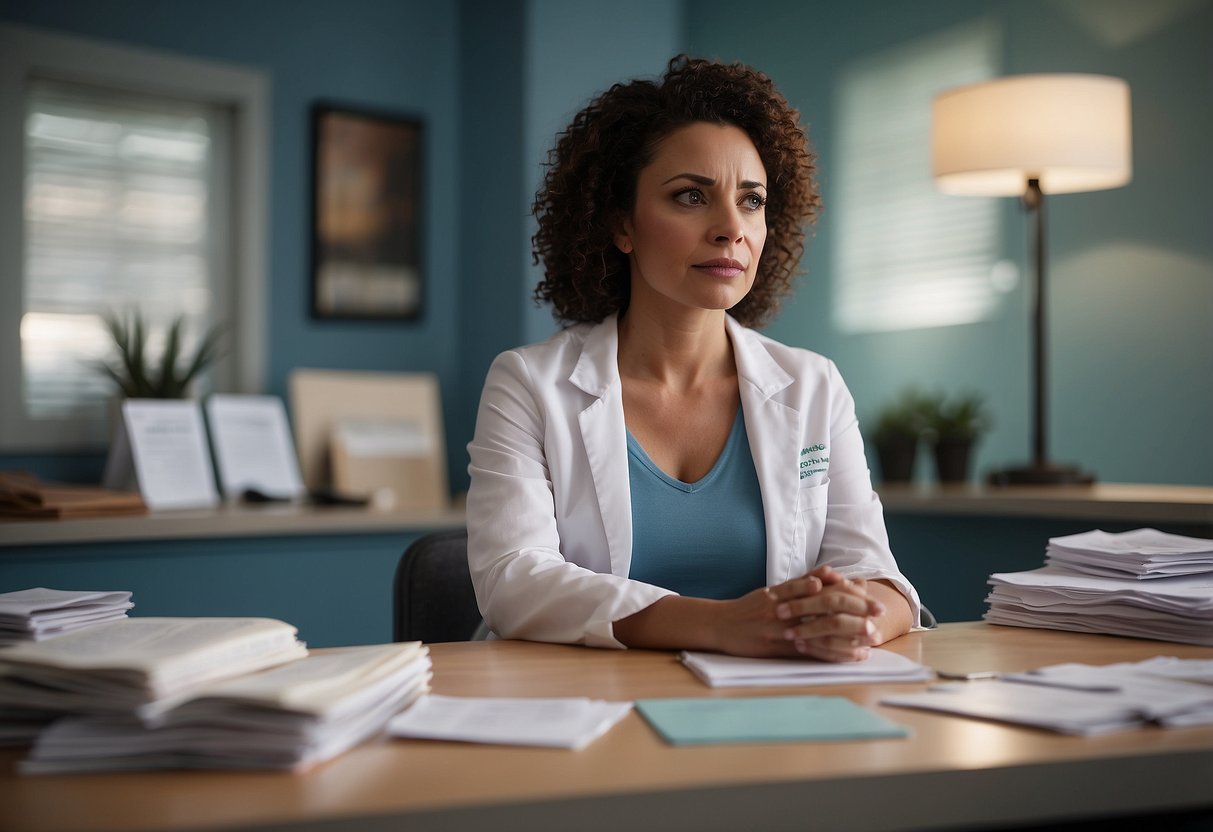 A worried woman, 38, sits in a doctor's office, surrounded by brochures on fertility assistance and prenatal testing. She anxiously awaits her consultation