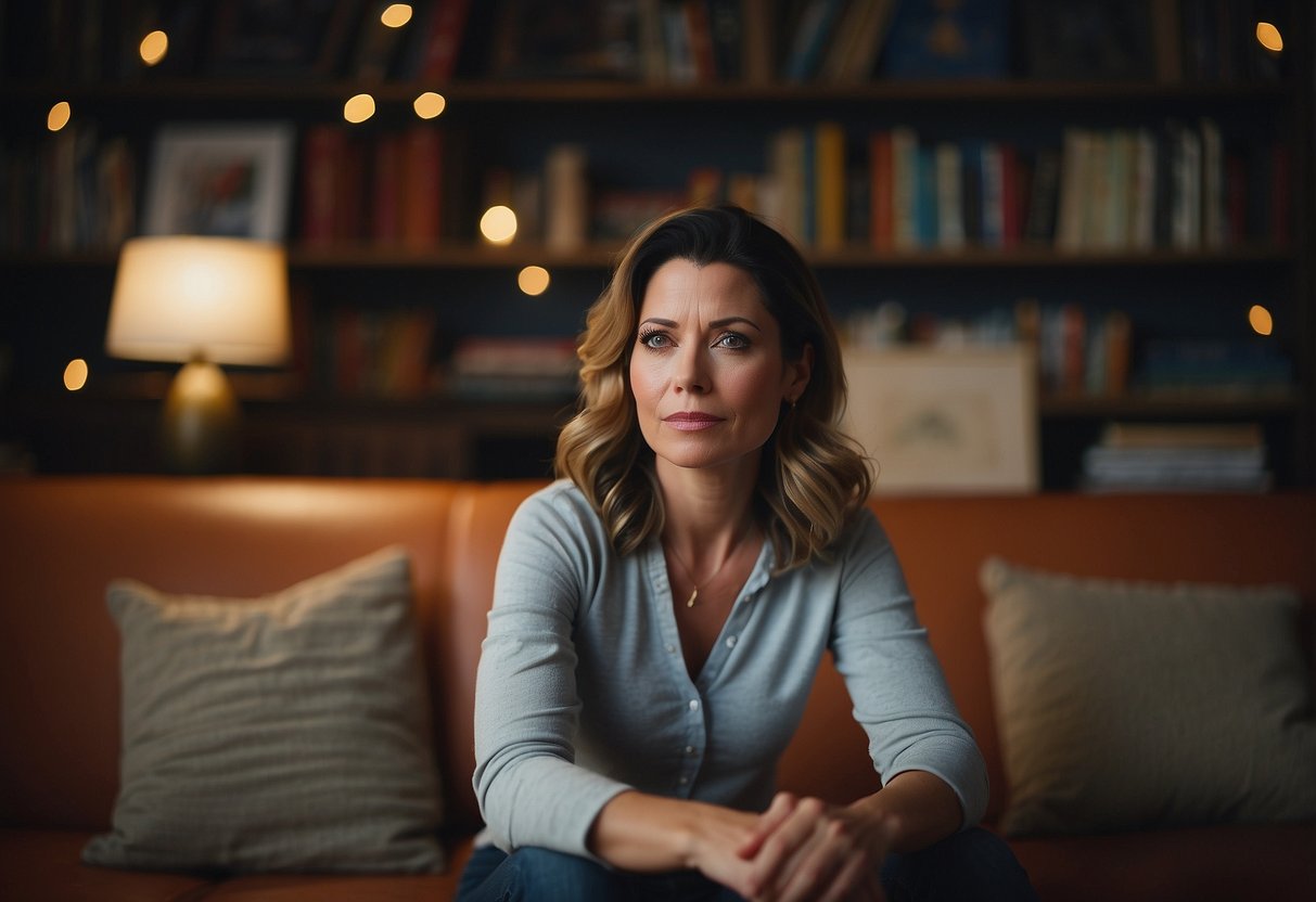 A woman in her late thirties ponders over the question of whether she is too old to have a second baby. She sits in a cozy living room surrounded by books and family photos, with a thoughtful expression on her face