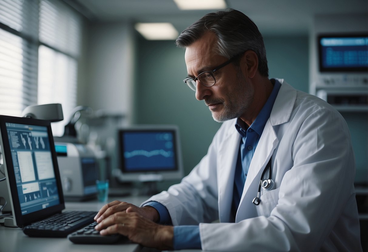 A doctor monitors vital signs and consults medical records in a hospital room