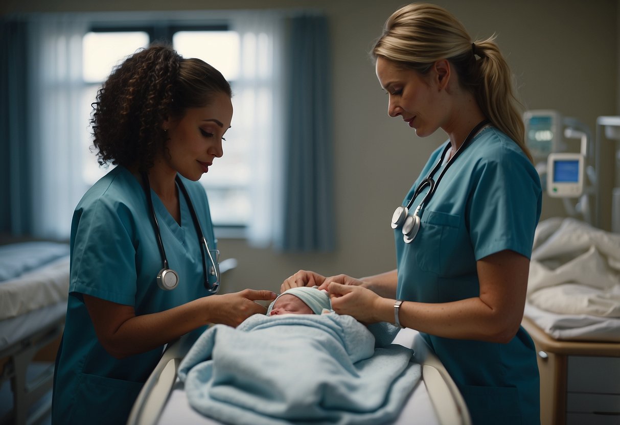 A nurse guides a new mother on newborn care in a hospital room