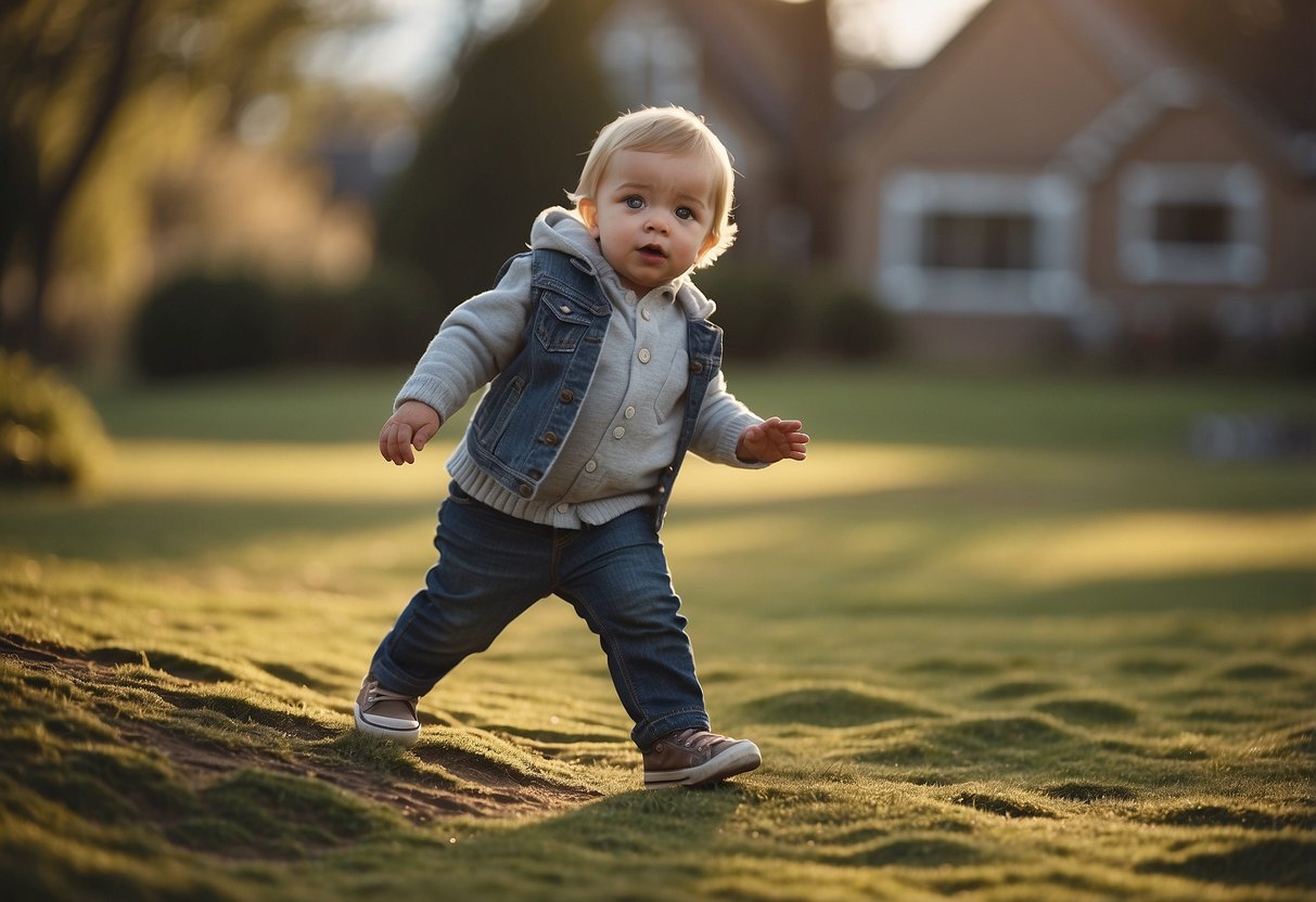 A small child stands unsteadily, taking wobbly steps and reaching for objects to explore