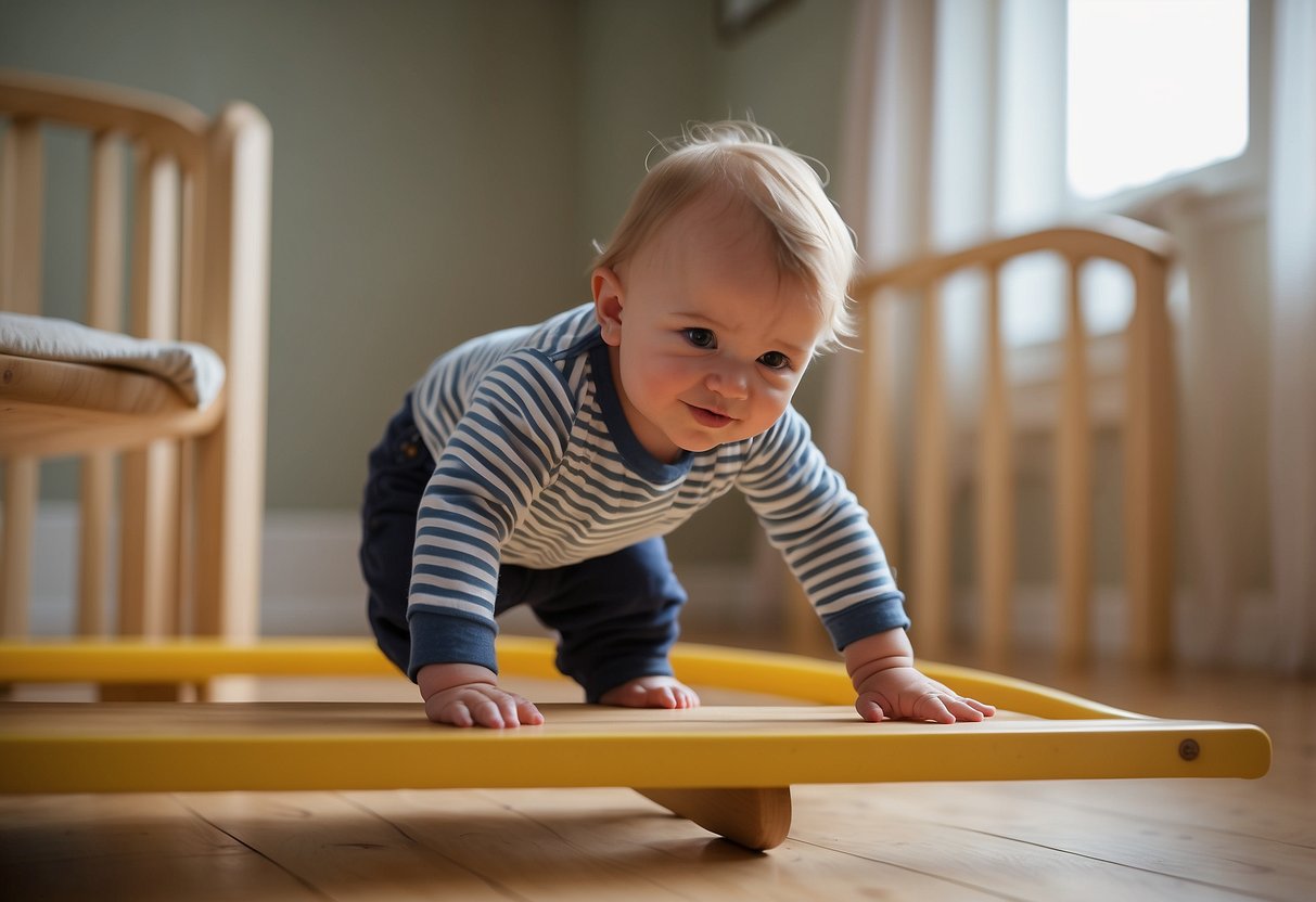 A 12-month-old toddler is standing and taking a few wobbly steps, reaching out to grab onto furniture for support