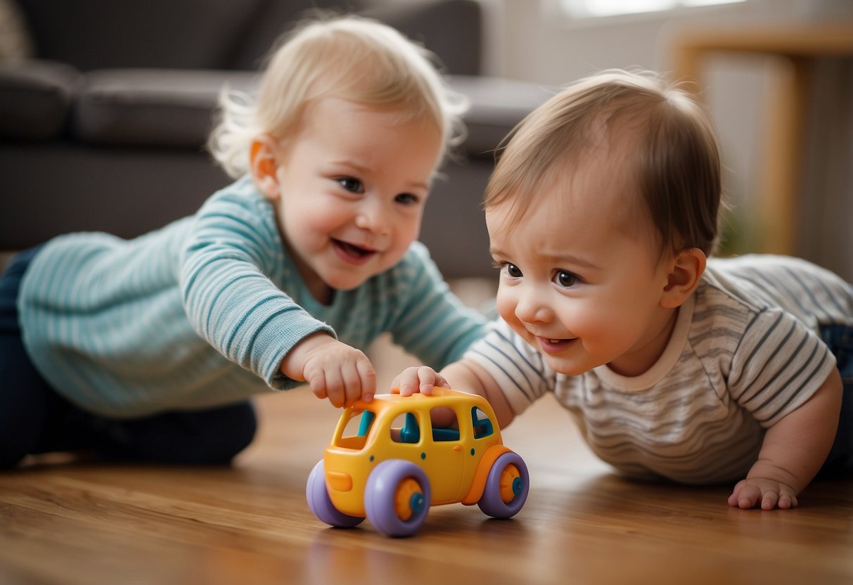 A 12-month-old toddler is smiling and reaching out for a toy, while another child looks on with curiosity and excitement