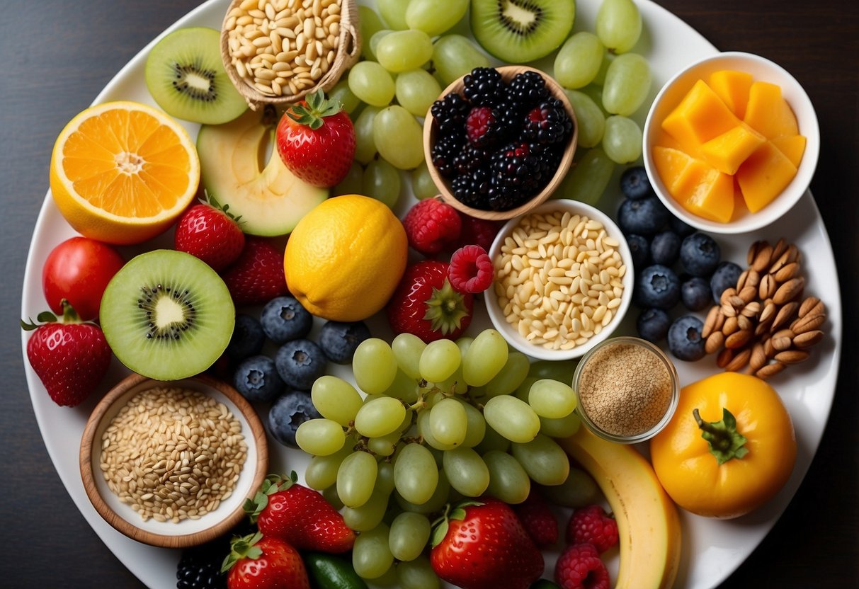 A colorful plate with a variety of fruits, vegetables, and whole grains arranged in a balanced and visually appealing manner