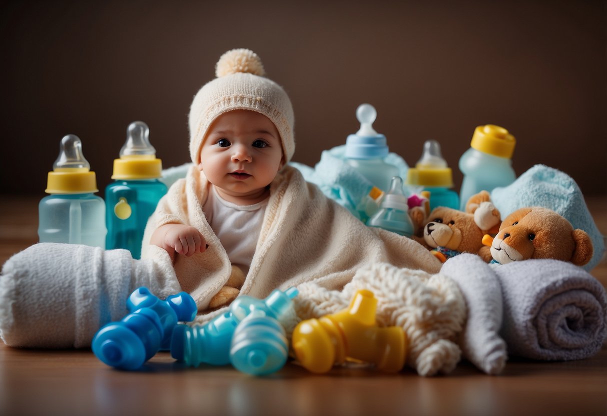 A small baby blanket with a pacifier and tiny socks, surrounded by baby bottles and diapers