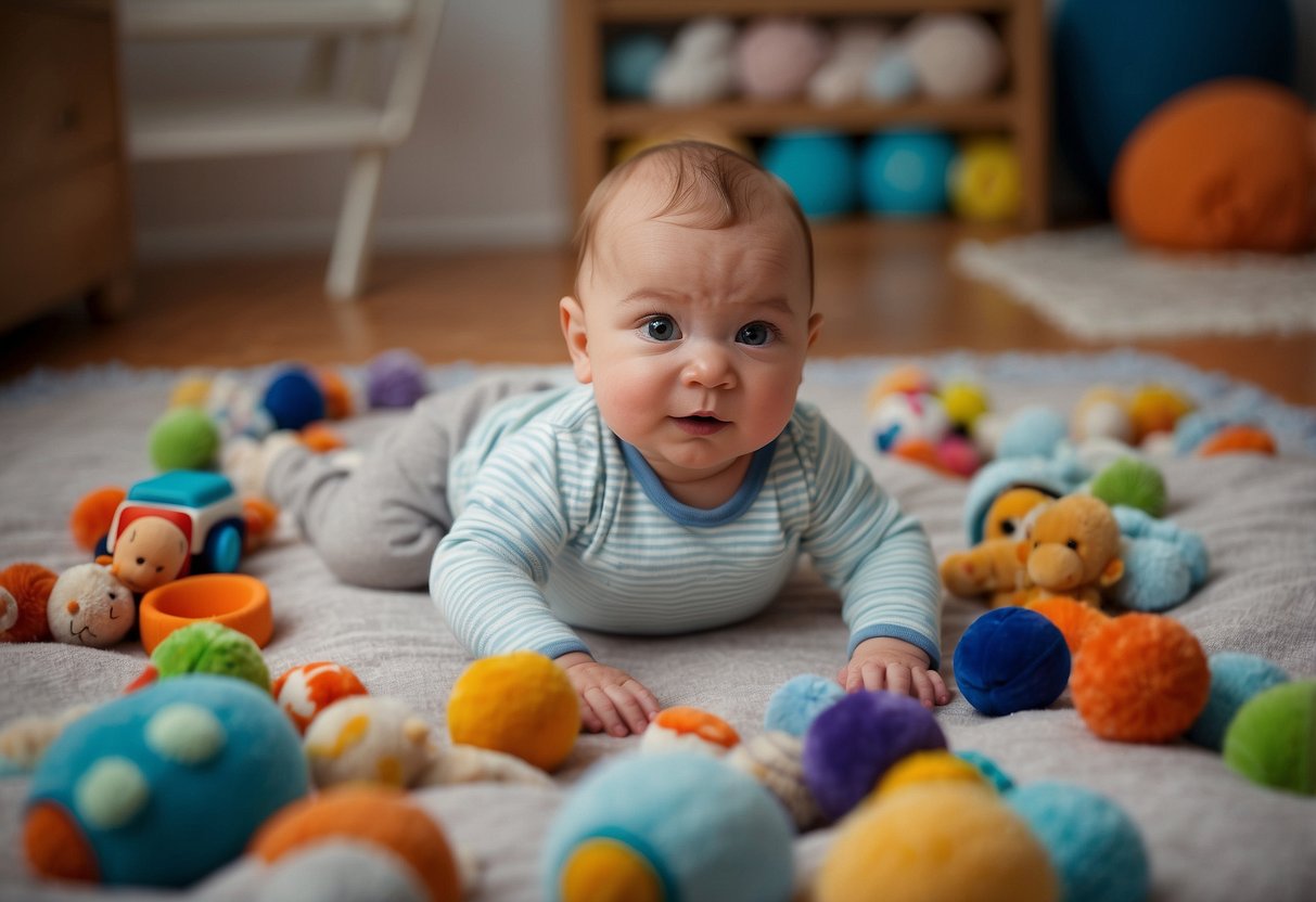A 2-month-old baby lying on a soft blanket, surrounded by age-appropriate toys and mobiles. The baby is alert and engaging with the colorful objects, demonstrating early cognitive and motor development
