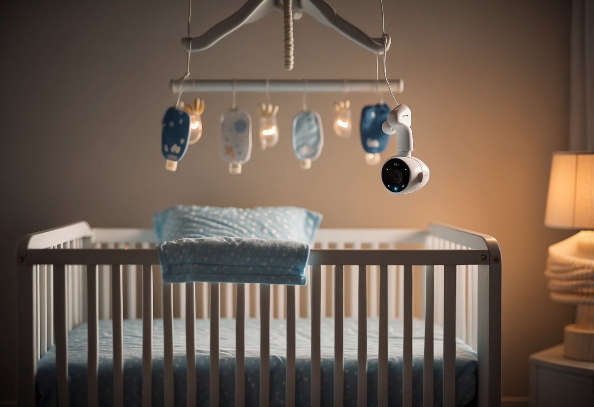 A baby's crib with soft bedding, a mobile hanging above, and a baby monitor on the side table