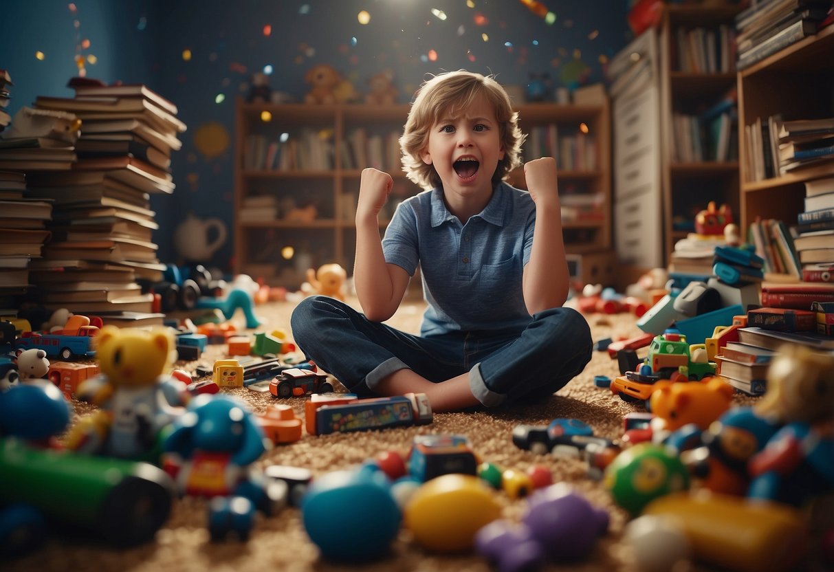 A 10-year-old stomps feet, clenches fists, and screams in frustration, surrounded by scattered toys and books
