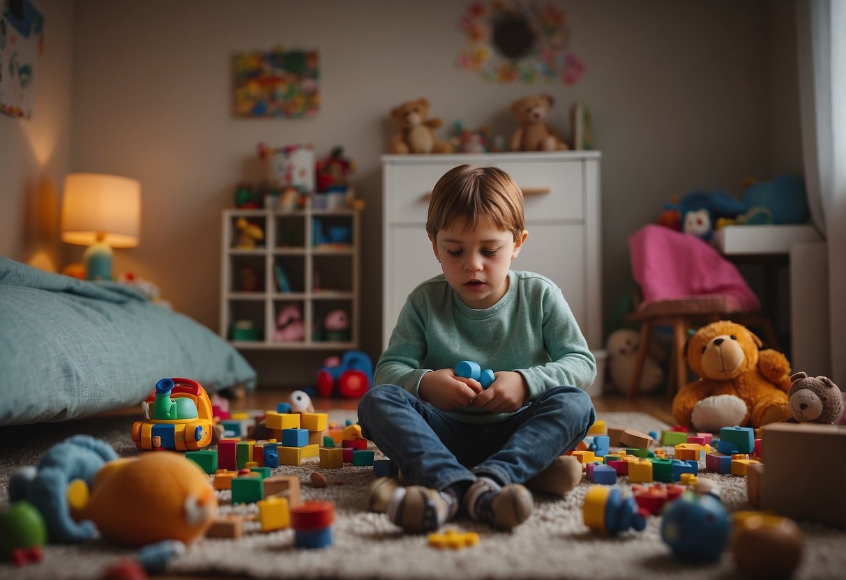 A child's bedroom with scattered toys and a frustrated parent holding their head in their hands