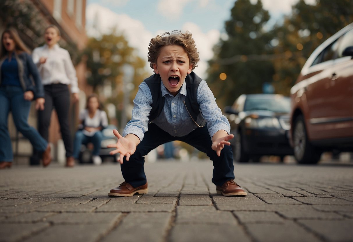 A 12-year-old throws a tantrum, stomping and yelling in frustration. Objects are scattered around, and their face is contorted with anger