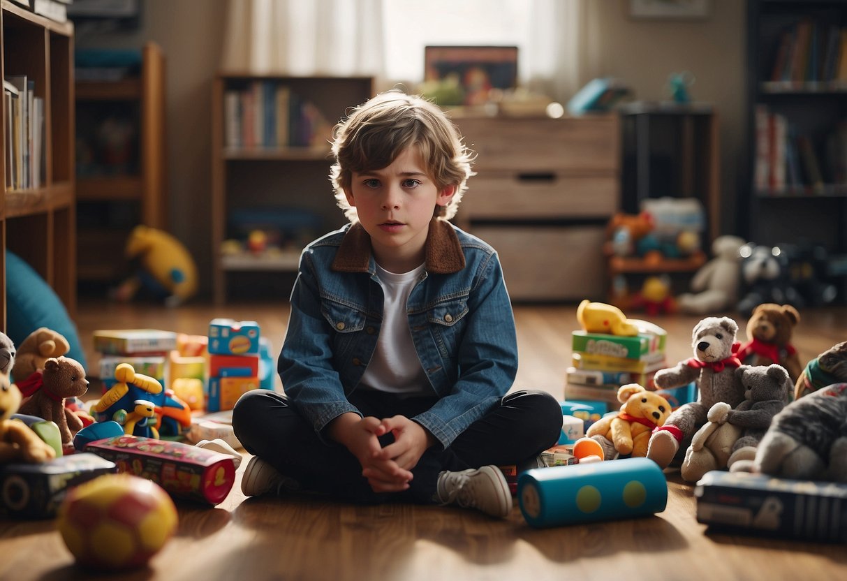 A 12-year-old child sits cross-legged on the floor, surrounded by scattered toys and books. Their face is contorted in frustration as they throw a toy across the room