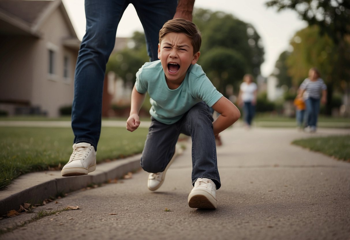 A 12-year-old stomps their feet, clenches fists, and screams in frustration while a parent calmly tries to diffuse the situation