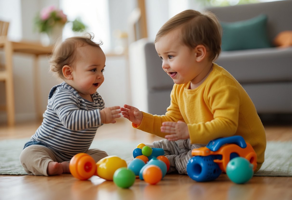 A 14-month-old child playing with colorful toys while a caregiver engages in interactive conversation and gestures to encourage speech and language development