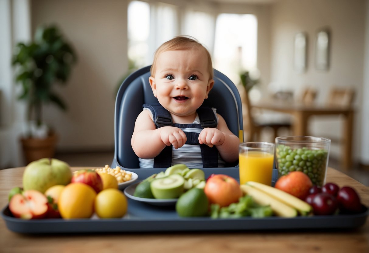 A baby's high chair with various healthy food options on the tray, including fruits, vegetables, and grains. A growth chart on the wall showing the typical milestones for a baby's development