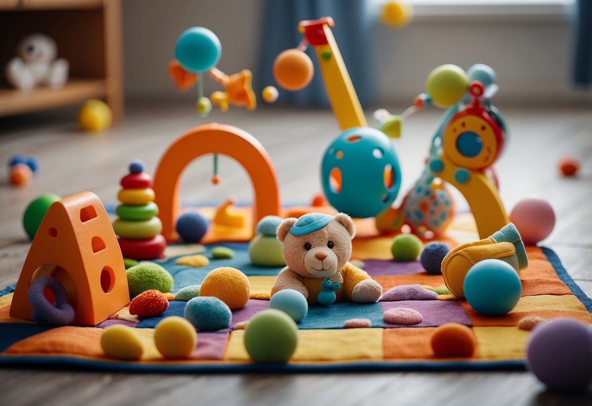 A baby's toys scattered on the floor, a colorful play mat with various textures, and a baby gym with dangling toys