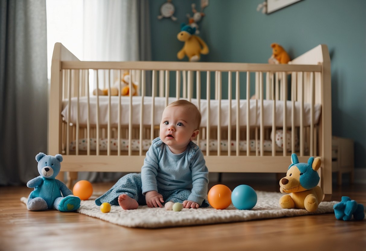 A baby's empty crib with toys scattered on the floor, a calendar showing 11 months, and a concerned parent looking up "early intervention."