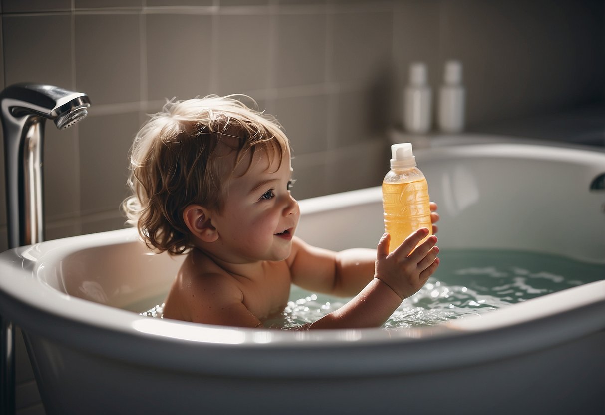 A toddler stands in a bathtub, water running from the showerhead. A parent reaches for a bottle of gentle shampoo and a soft washcloth