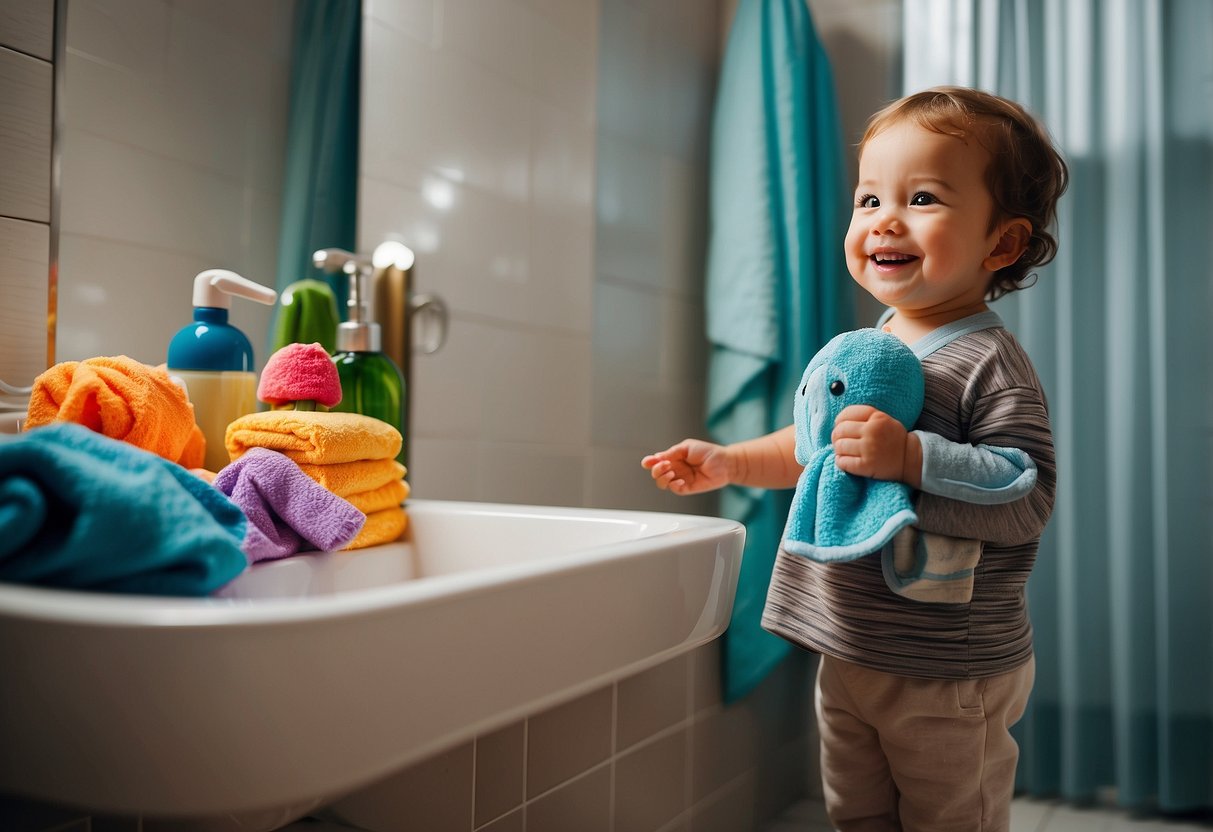 A parent stands outside a shower, handing a towel to a smiling toddler inside. The bathroom is filled with colorful bath toys and child-friendly hygiene products