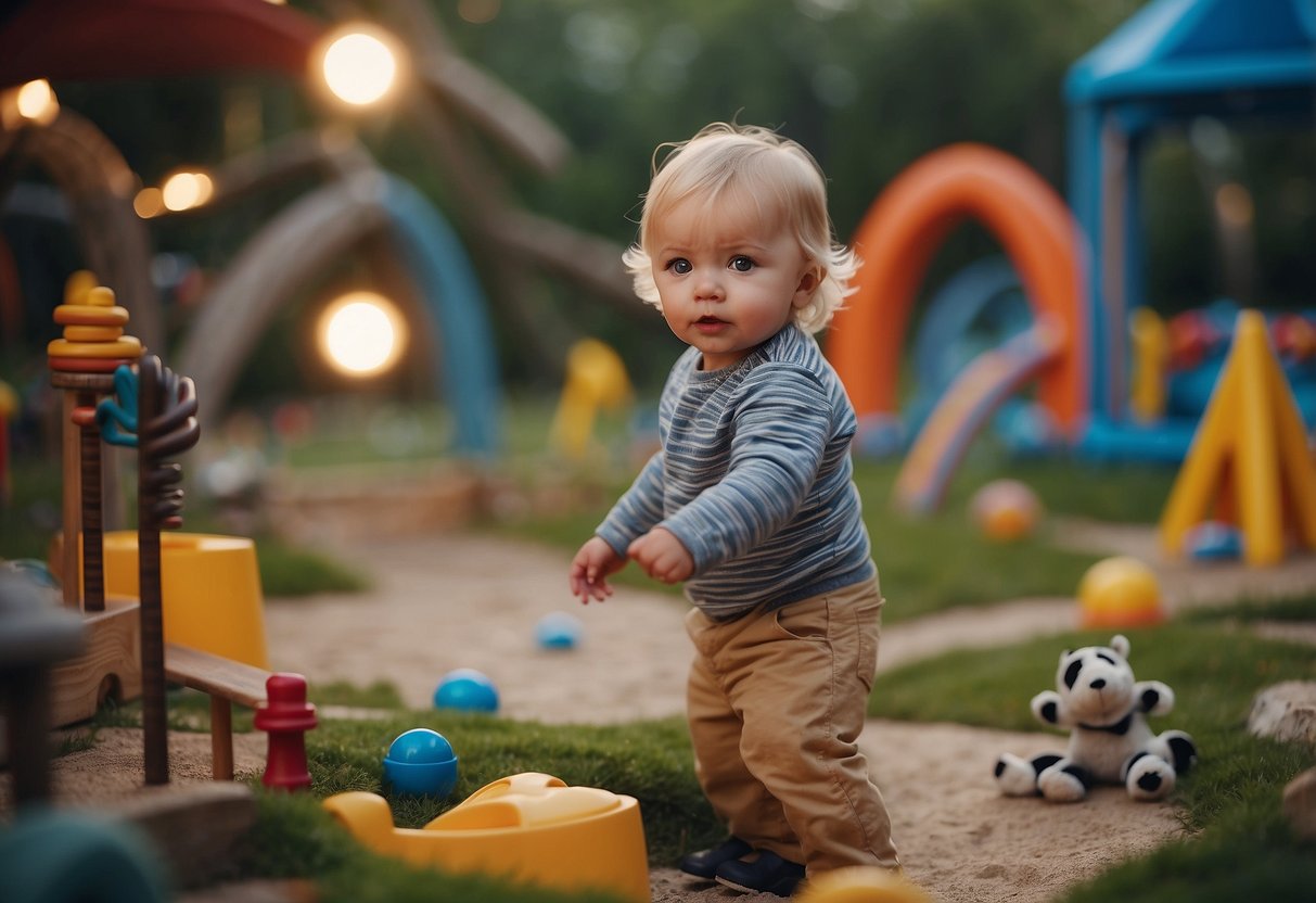 A small child stands in a play area, surrounded by toys and exploring the environment