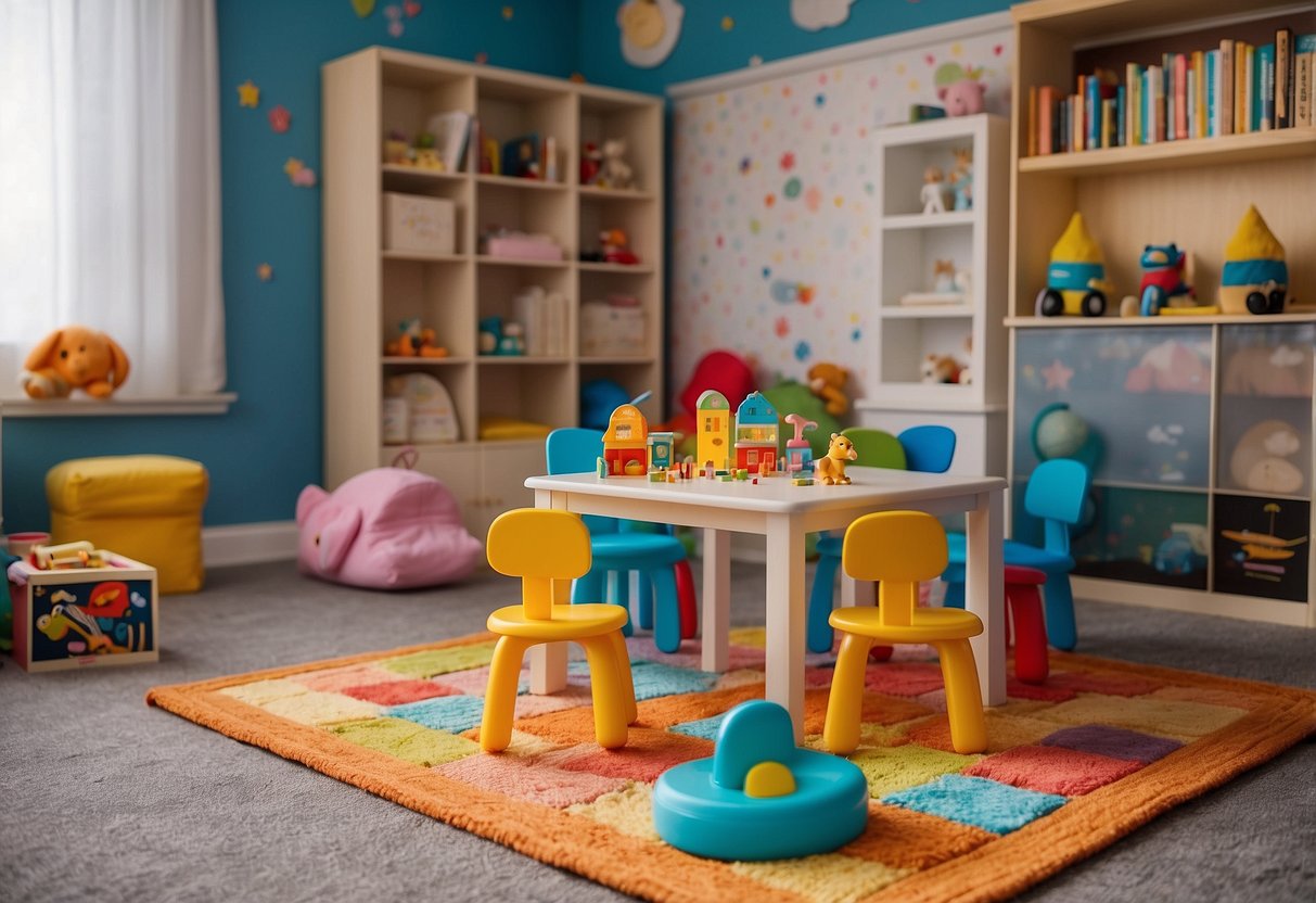 A colorful playroom with toys scattered on the floor. A small table and chairs, a bookshelf filled with board books, and a soft rug for crawling and exploring