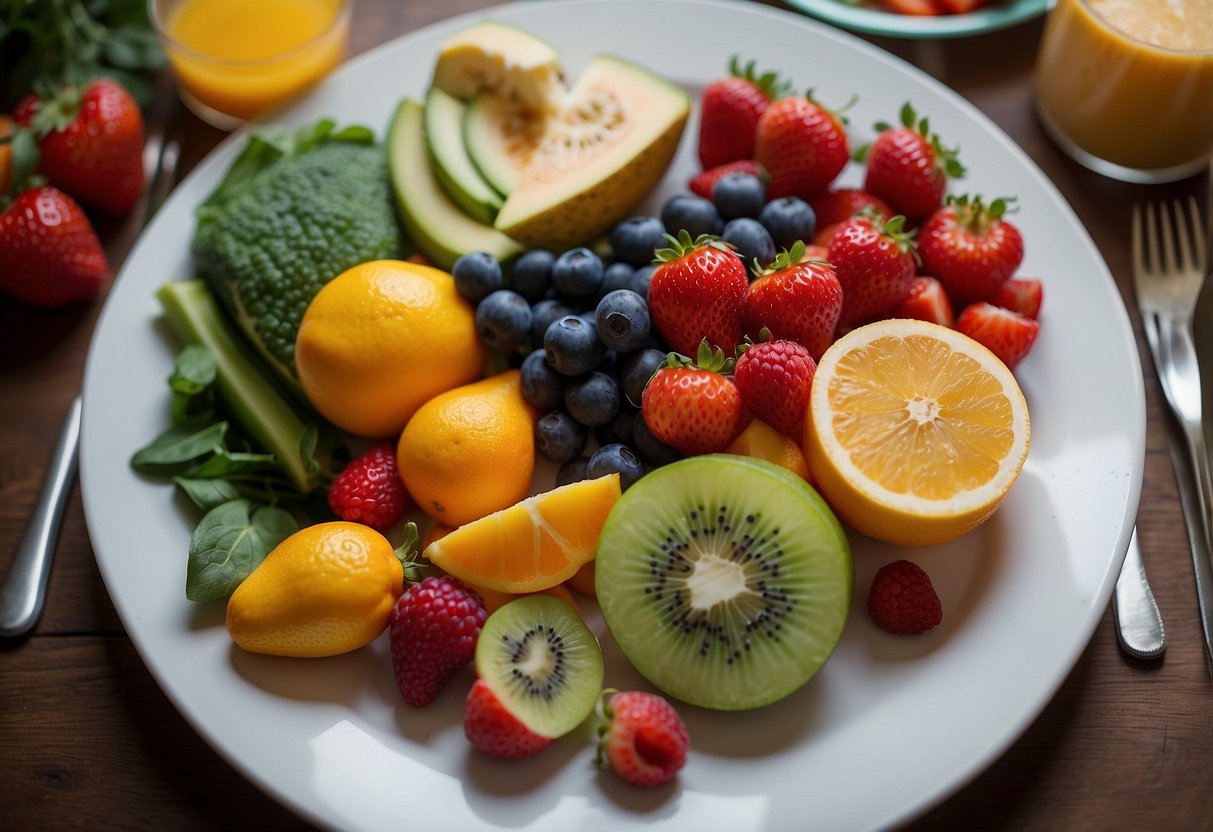 A colorful plate with a variety of fruits, vegetables, and whole grains, surrounded by child-friendly utensils and a sippy cup of water