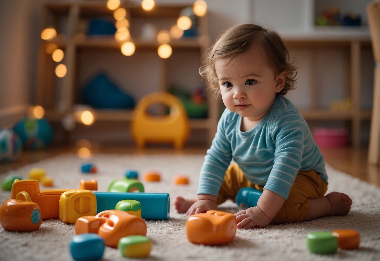 A 14-month-old toddles around a safe, child-proofed room, exploring toys and books. A parent engages with the child, using positive reinforcement and gentle redirection