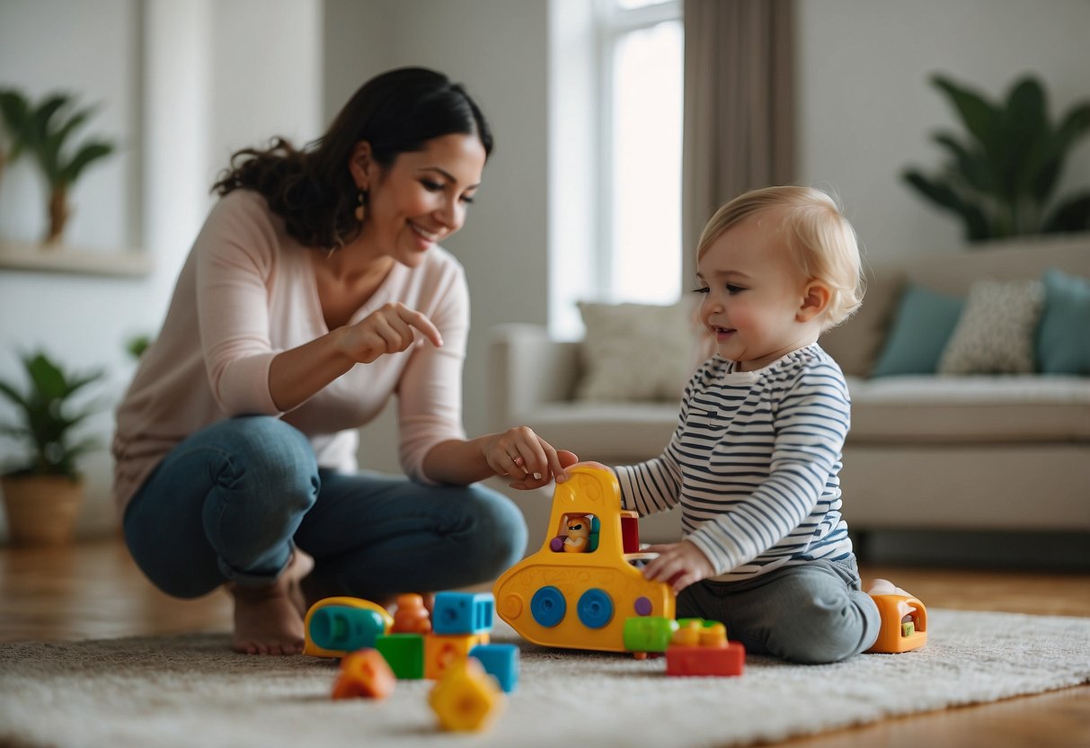 An 18-month-old plays with toys while a parent watches nearby, offering occasional encouragement and support