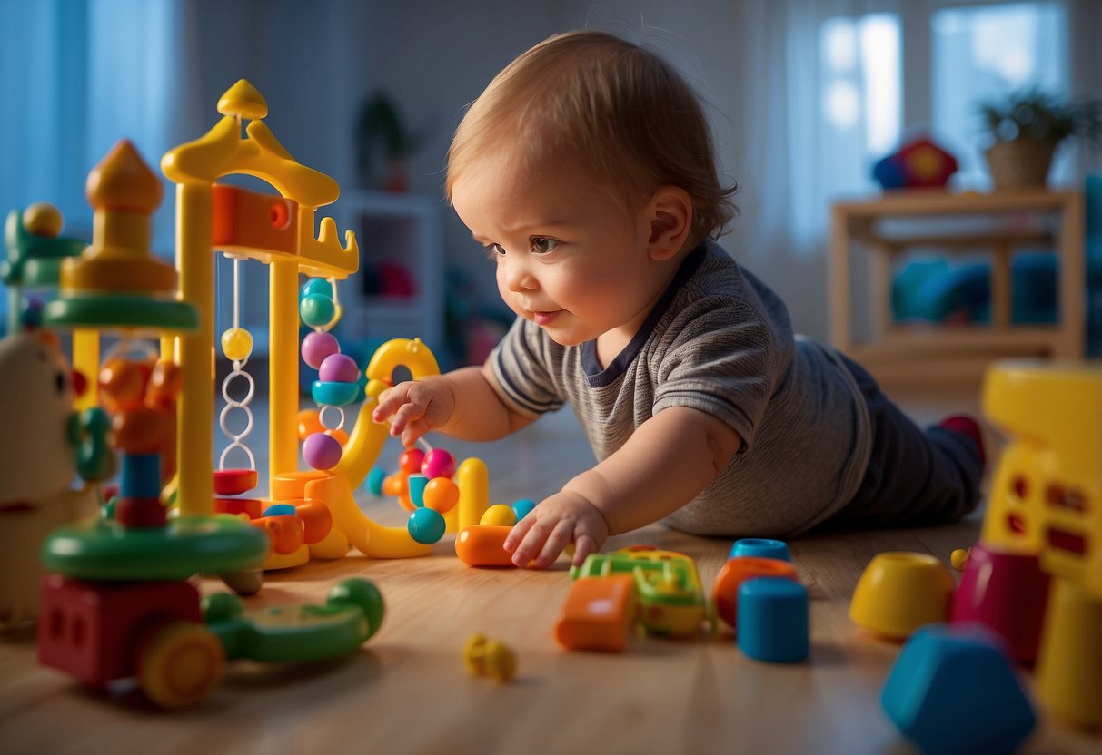 An 18-month-old plays alone with toys in a safe, childproofed area. The child explores and experiments, developing independence and creativity