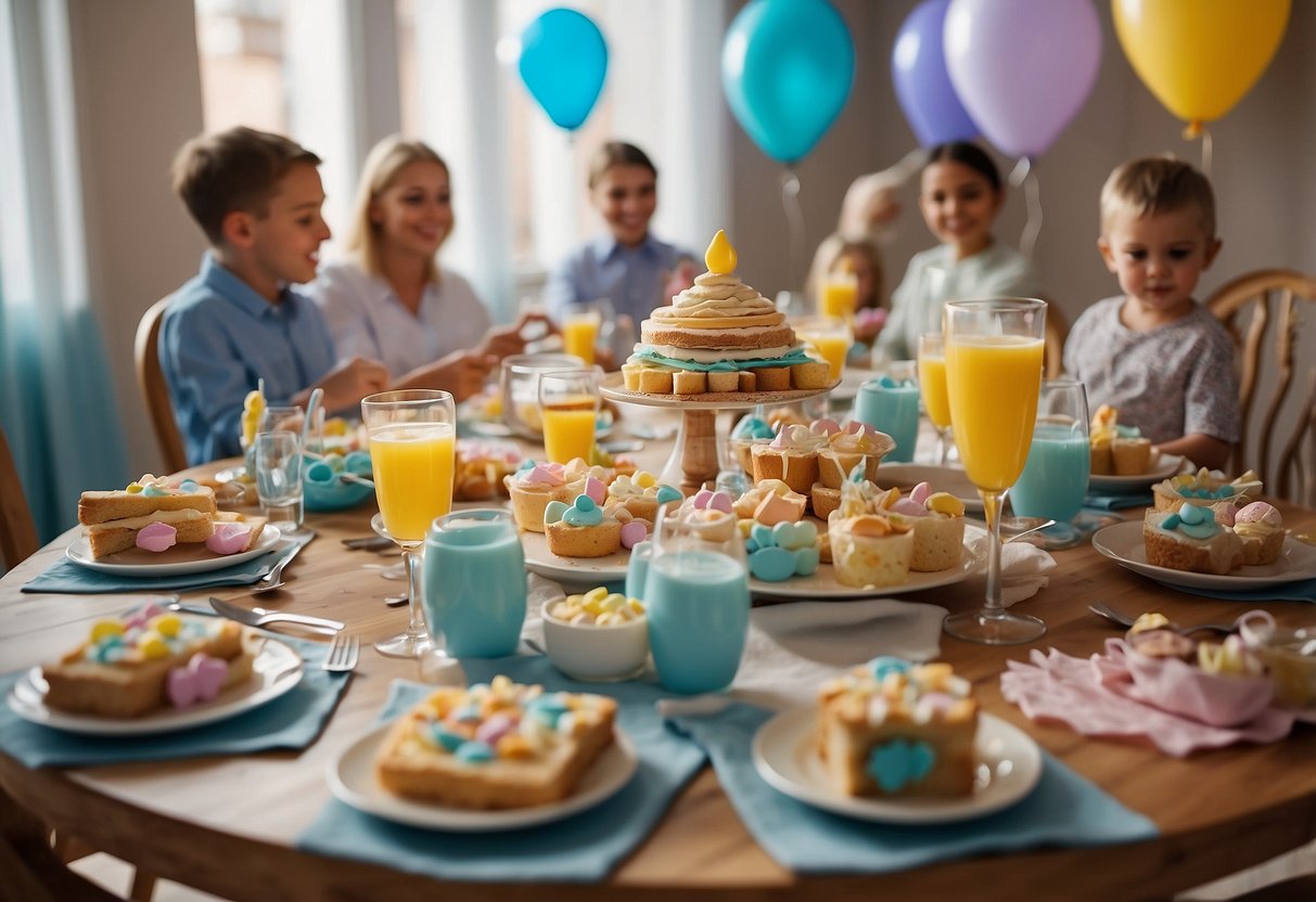 A table adorned with baby-themed decorations, gifts, and refreshments, surrounded by joyful guests celebrating the impending arrival of a new baby