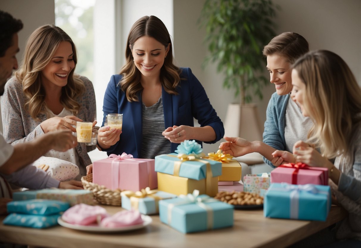 Guests playing baby shower games, decorating onesies, and guessing the baby's due date. Gifts are piled on a table, and the mother-to-be is surrounded by loved ones