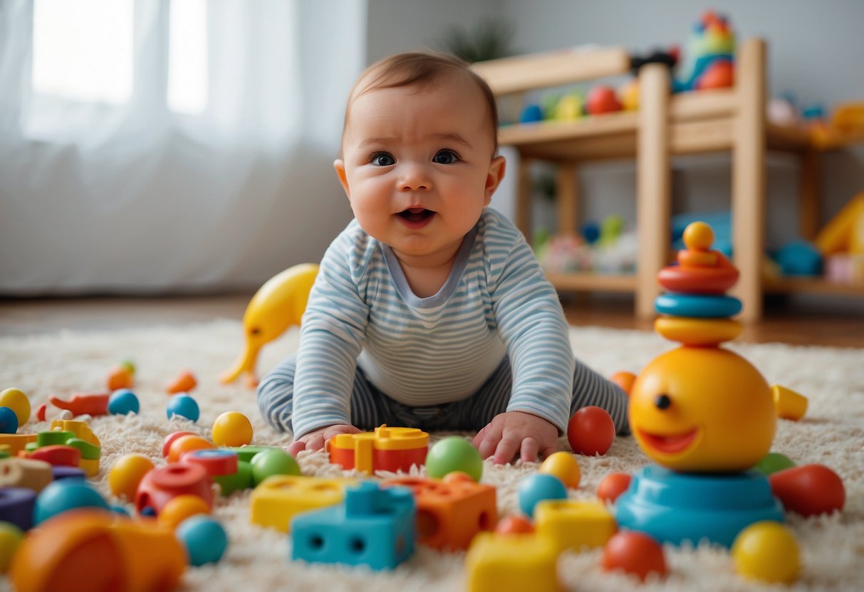 An 8-month-old baby surrounded by colorful toys, babbling and making sounds while a caregiver engages in interactive play