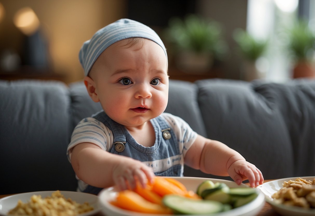 An 8-month-old reaches for a variety of foods while babbling and making different vocal sounds, showing a strong connection between nutrition, physical development, and speech milestones