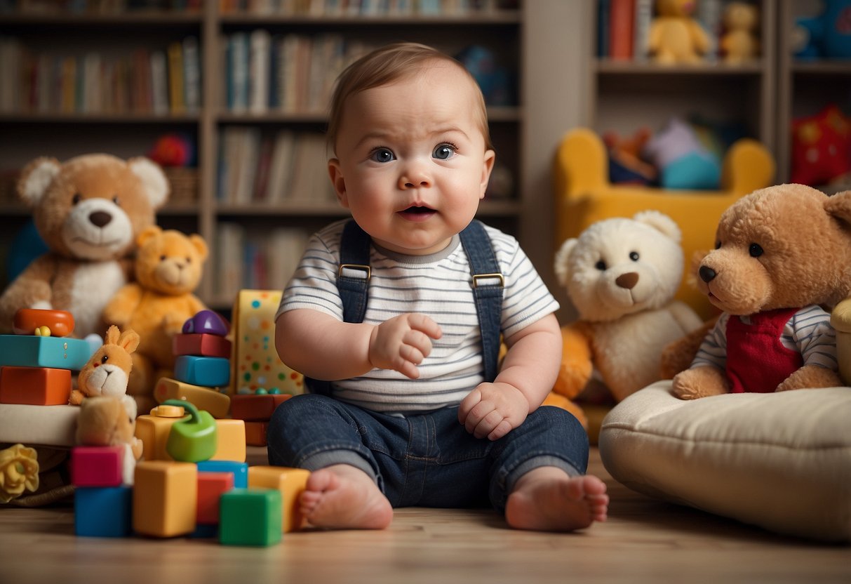 An 8-month-old points to their mouth while surrounded by toys and books, seeking guidance on talking development