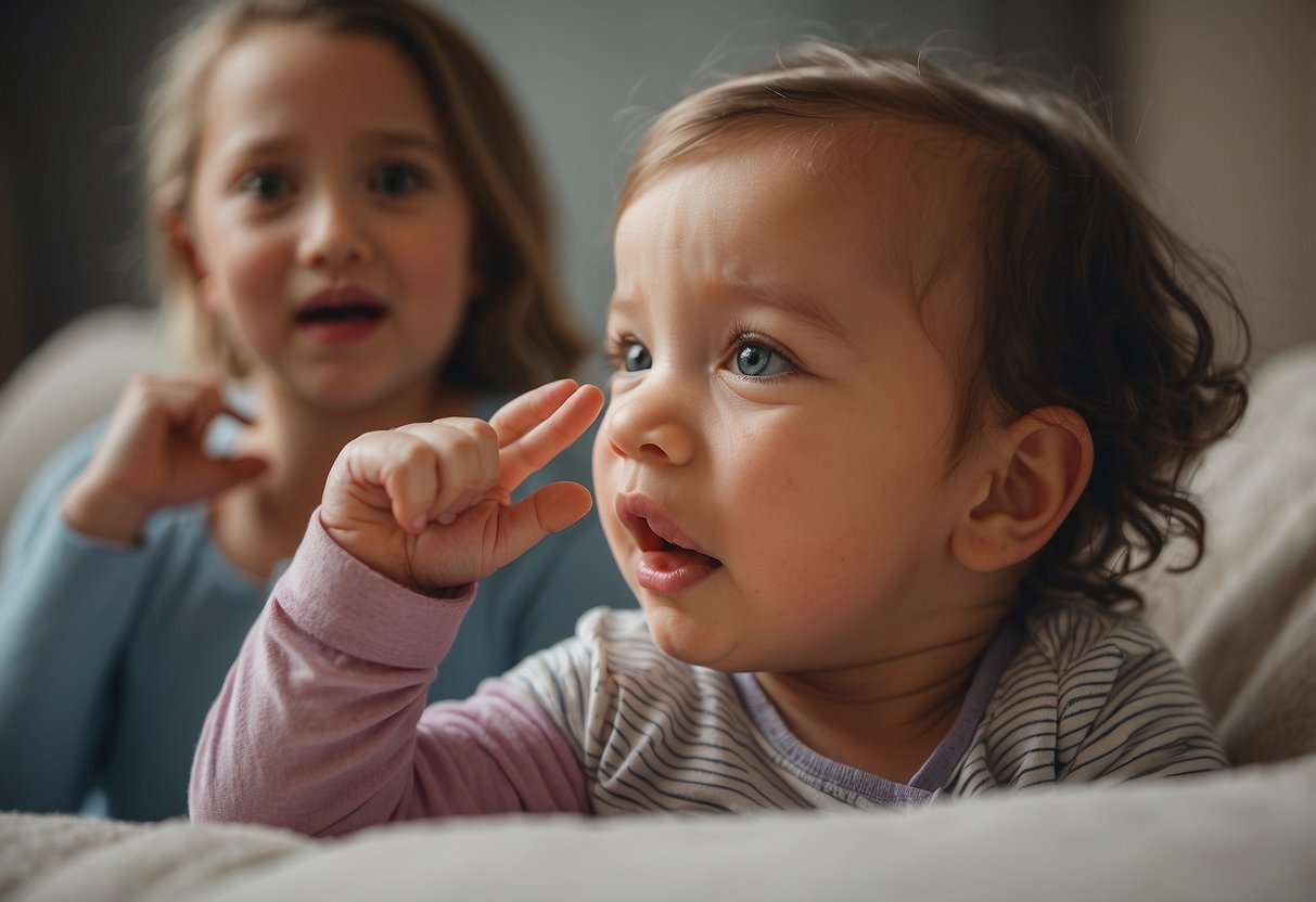 A baby reaching for their mouth, with a concerned caregiver nearby