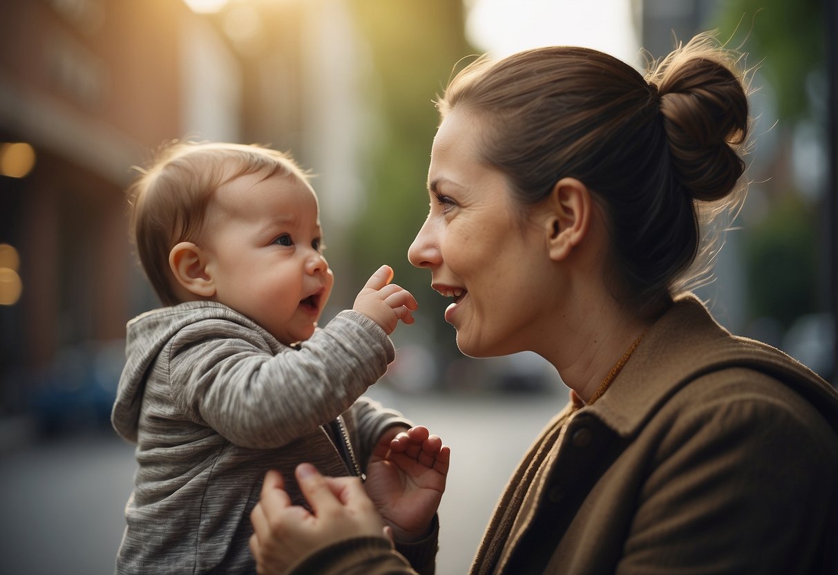 A baby reaching for an object and an adult gently redirecting their hand away from their mouth