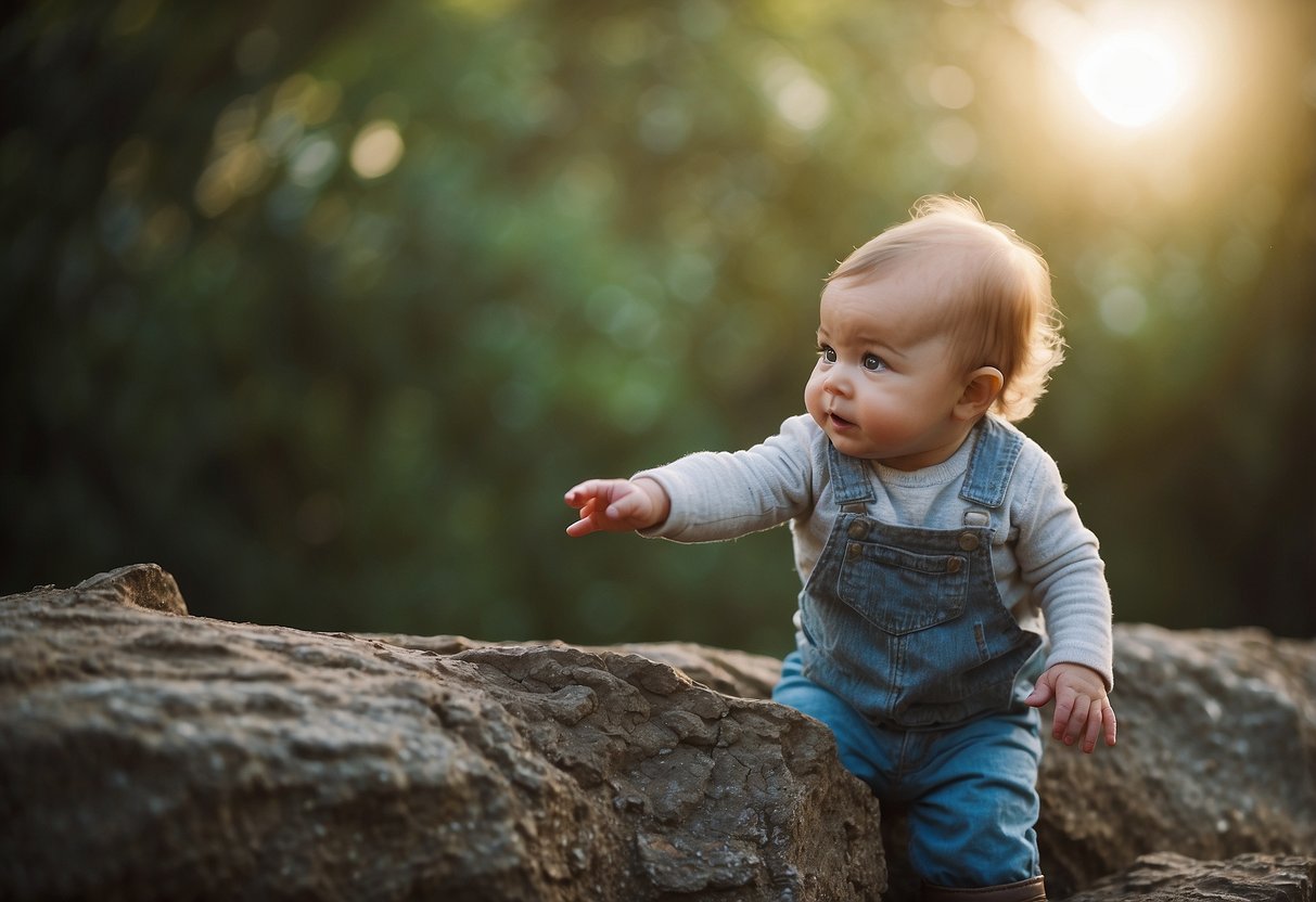 A baby's hand reaches towards a potentially hazardous object, while a concerned adult looks on, contemplating whether to intervene